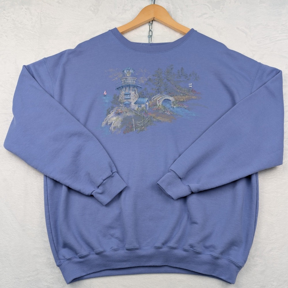 VTG Northern Reflections Sweatshirt Women's XL Blue Lighthouse Nature Boxy 90s